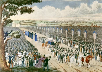 Incontro dei sindacalisti nei campi di Copenhagen, 1834 (incisione a colori)