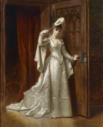 Elegante signora in abito di damasco bianco
