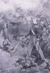 Chilianwala, 13 gennaio 1849: Il corpo di Pennycuick sorvegliato da suo figlio, illustrazione da British Battles on Land and Sea, 1915