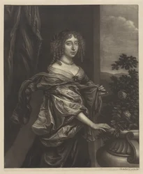 Ritratto di una donna accanto a un cespuglio di rose
