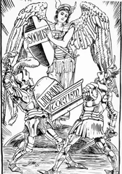 Allegoria di Walter Crane: Il socialismo trionfa duramente nella lotta tra liberalismo e torysmo (Partito Conservatore Inglese). Incisione della fine del XIX secolo
