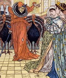 Apparizione di una strega accompagnata da due pavoni, incisione da un disegno di Walter Crane (1845-1915)