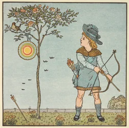 Illustrazione a colori per «Il piccolo passero maschio». Un bambino con arco e freccia, sul punto di tirare a un uccello su un albero. Una filastrocca.
