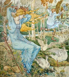 "Un giovane sta cercando di recuperare il suo cappello, che è volato via con il vento. Un guardiano di oche lo osserva. Illustrazione di Walter Crane (1845-1915) Collezione privata