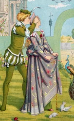 "La sorpresa romantica" Un ragazzo copre gli occhi di una ragazza. Illustrazione di Walter Crane (1845-1915) e Kate Greenaway (1846-1901)