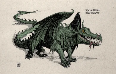 Rappresentazione del drago mitologico Ashchemon (disegno di Walter Crane, 1899)