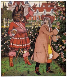 Il padre della bella raccoglie rose nel giardino della barbabietola. Illustrazione di Walter Crane (1845-1915) in "Beauty and the Bete", Inghilterra