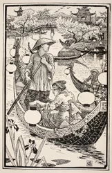 Quando venne la sera salirono di nuovo sulla loro barca, adornandola di fiori dalla prua alla poppa, illustrazione da 