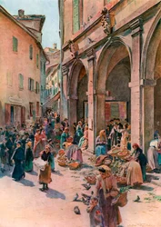 Il mercato di Montepulciano (litografia a colori)
