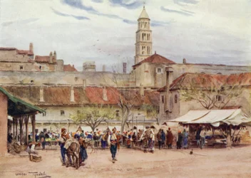 Jugoslavia: Giorno di mercato a Spalato (litografia a colori)