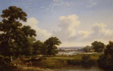 Contadini in un paesaggio fluviale boscoso