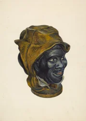 Salvadanaio giocattolo: testa di un ragazzo nero, 1939 circa.