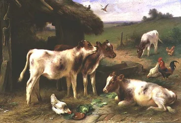 Vitelli e pollame vicino a un fienile in un paesaggio