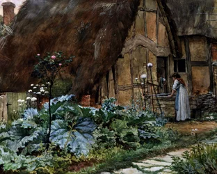 Vicino al cottage. Conversazione alla finestra di un fienile. Dipinto di Well Walter Langley (1852-1922, Regno Unito) Collezione privata