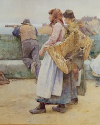 In un villaggio di pescatori della Cornovaglia: Partenza della flotta per il Nord, dettaglio di due pescivendole, 1886 (dettaglio)