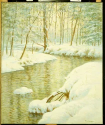 Ruscello invernale, bagliore del tramonto