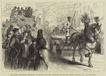 Il centenario di George Stephenson a Newcastle-on-Tyne, processione di cavalli da tiro, carri, ecc.