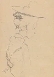 Testa e Spalle di una Donna con Cappello, in Profilo Perso, a Destra