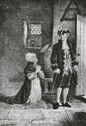 Elspeth e Lord Glenallan, illustrazione per Antiquario, romanzo storico di Walter Scott, incisione
