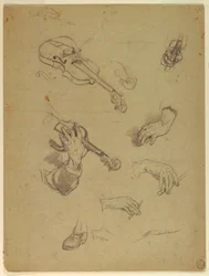 Disegno, foglio di studi di mani di un suonatore di violino, 1878