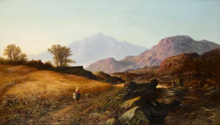 Tempo di raccolta lungo il fiume Lleder, Galles del Nord, 1874