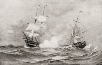 Il combattimento tra USS Constitution e HMS Guerriere, durante la Guerra del 1812, circa 400 miglia a sud-est di Halifax, Nuova Scozia, da The History of Our Country, pubblicato 1905