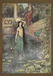 Frontespizio: "Si precipitò fuori dal palazzo... e arrivò al mondo superiore." da Folk-Tales of Bengal ... Con 32 illustrazioni a colori di Warwick Goble (Edizione de luxe.)