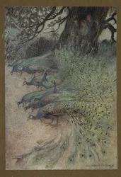 Tavola 11: "Centinaia di pavoni dalle piume sgargianti vennero agli argini per mangiare il khai", da Fiabe popolari del Bengala ... Con 32 illustrazioni a colori di Warwick Goble (Edizione di lusso)