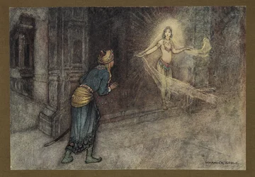 Tavola 13: "Vide una bellissima donna uscire dal palazzo", da Fiabe popolari del Bengala ... Con 32 illustrazioni a colori di Warwick Goble (Edizione di lusso) 1914