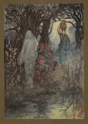 Tavola 18: "La moglie del Brahman dovette andare al serbatoio, e mentre andava fu sfiorata da una Sankchinni", da Folk-Tales of Bengal ... Con 32 illustrazioni a colori di Warwick Goble. (Edizione de luxe.)