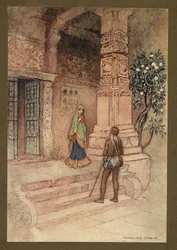 Tavola 1: "La regina Suo andò alla porta con una manciata di riso." da Folk-Tales of Bengal ... Con 32 illustrazioni a colori di Warwick Goble. (Edizione de luxe.)