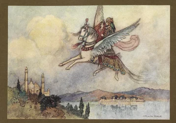 Tavola 20: "La signora, il re e hiraman raggiunsero la capitale del re sani e salvi", da Folk-Tales of Bengal ... Con 32 illustrazioni a colori di Warwick Goble (Edizione de luxe.)
