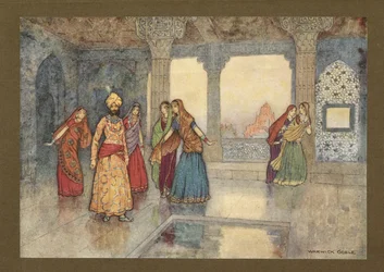 Tavola 25: "Le sei regine cercarono di confortarlo", da Folk-Tales of Bengal ... Con 32 illustrazioni a colori di Warwick Goble. (Edizione de luxe.) 1914 (litografia a colori)