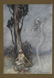 Tavola 26: "Ora barbiere, sto per distruggerti. chi ti proteggerà?", da Folk-Tales of Bengal ... Con 32 illustrazioni a colori di Warwick Goble (Edizione de luxe.)
