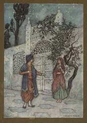 Tavola 2: "Il principe si riprese e, camminando, vide una figura umana vicino al cancello", da Folk-Tales of Bengal... Con 32 illustrazioni a colori di Warwick Goble