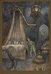Tavola 3: "Si precipitò fuori dal suo nascondiglio e uccise il serpente", da Folk-Tales of Bengal ... Con 32 illustrazioni a colori di Warwick Goble. (Edizione de luxe)