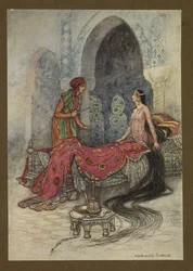 In un attimo si svegliò, si sedette nel suo letto e, guardando lo straniero, chiese chi fosse, da Folk-Tales of Bengal ... Con 32 illustrazioni a colori di Warwick Goble. (Edizione de luxe.). 1914