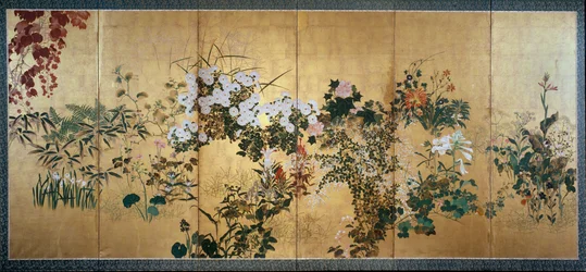 Schermo con fiori autunnali e invernali, inizio XVIII secolo