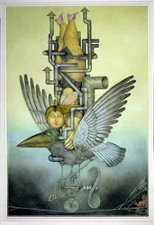 Ragazza in equilibrio su un uccello meccanico su una corda tesa (matita e pastello colorato su carta)