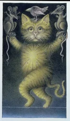 Gatto sulla fune, in equilibrio con uccello e topi (matita e pastello colorato su carta)