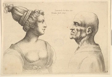 Una donna con i capelli legati e un uomo calvo che si guardano, 1645