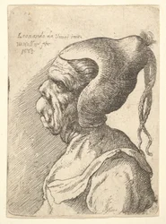 Busto di una donna deforme con cappello conico e due trecce pendenti di profilo a sinistra, 1665
