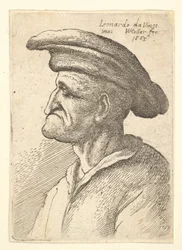 Busto di uomo anziano con naso che incontra il labbro inferiore, che indossa un ampio cappello piatto in profilo, 1665