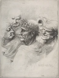 Cinque teste grottesche, incluso un uomo anziano con una corona di foglie di quercia, 1646