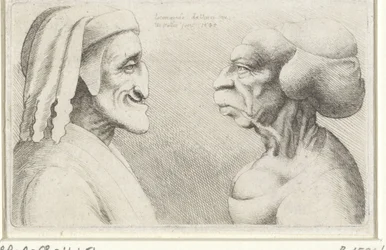 Caricature deformate di un uomo con berretto (Dante?) e donna