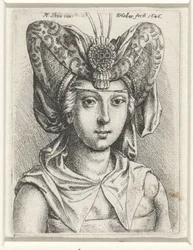 Ritratto di donna con bourrelet a forma di V sulla testa