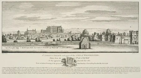 Palazzo di St. James e parte della città di Westminster dal lato nord di Pall Mall nel 1660, inciso da Richard Sawyer, pubblicato nel 1809