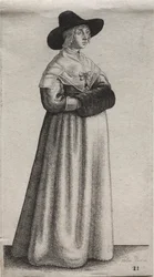 Gli abiti delle donne inglesi, dalla nobiltà alle contadine di questi tempi: La donna con cappello maschile e manicotto scuro