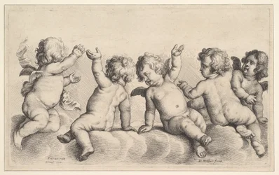 Tre cherubini e due ragazzi sulle nuvole