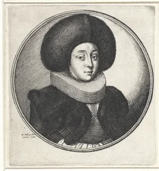 Donna con colletto pieghettato e grande cappello di pelliccia